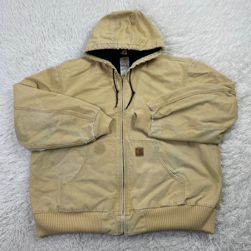 VTG Carhartt Jacket Mens Extra Large Sandstone Quilted Flannel Lined Duck Hooded
